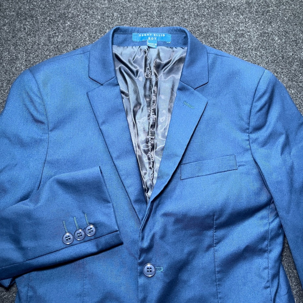 Perry Ellis Boy Blazer Jacket Boys Size 12 Blue Excellent Two Button Suit Coat